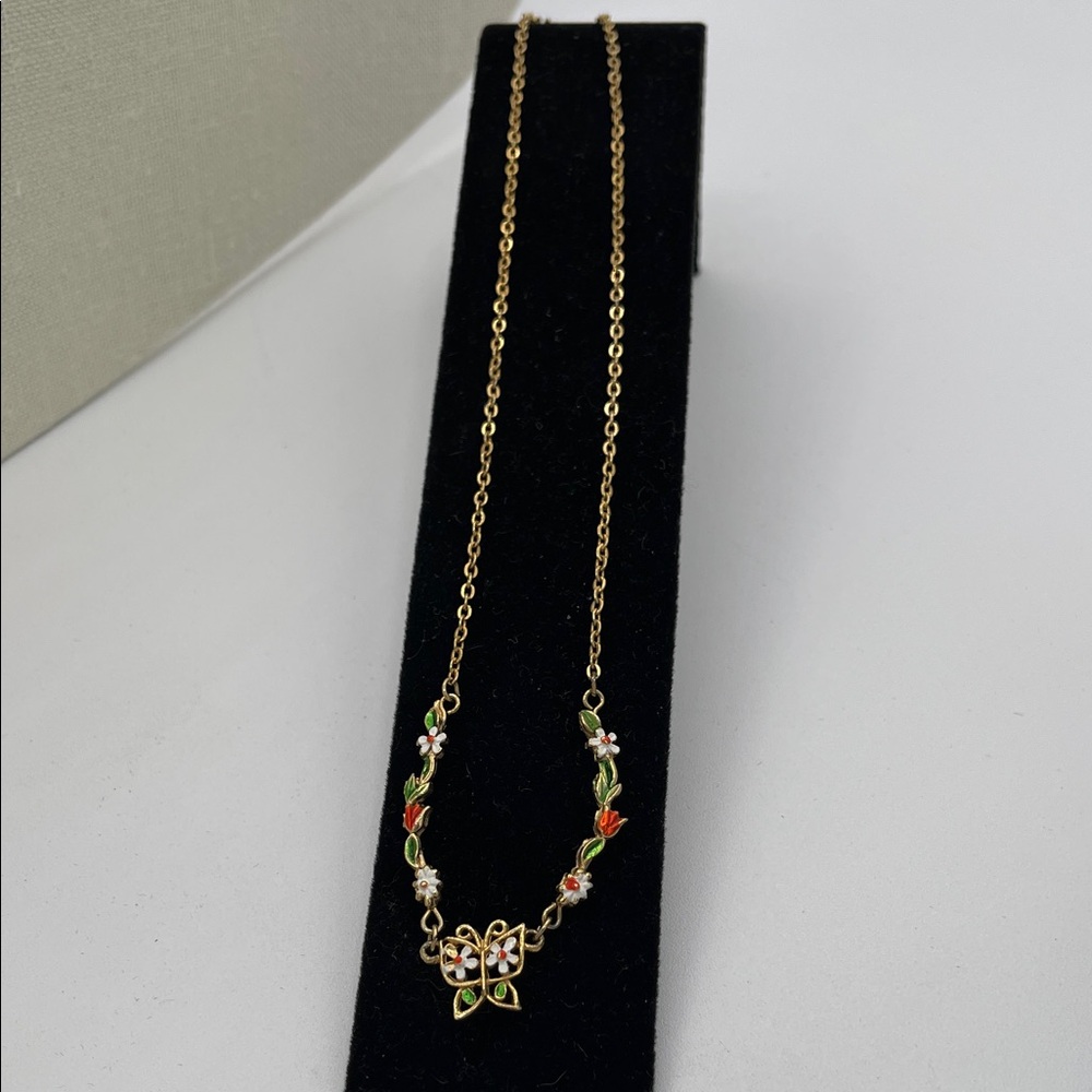4.15.26-25 Park Lane Gold Tone Butterfly Necklace Red, Green & White Enamel 7.5”